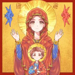  1boy 1girl an_dres_art animification border brown_eyes brown_hair cherub child christianity cloak closed_mouth commentary cross-shaped_pupils english_commentary gradient_eyes halo halo_behind_head highres holding hood icon_(religion) jesus long_sleeves looking_at_viewer mother_and_child mother_and_son multicolored_eyes outside_border parent_and_child red_border smile symbol-shaped_pupils the_bible twitter_username upper_body virgin_mary wings yellow_background yellow_eyes 