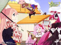  1boy 3girls ^_^ armor artist_name avatar_(eco) baby_animal bird black_gloves black_sash brown_wings captain_kid_lore chick closed_eyes clouds company_name copyright_logo copyright_notice corset emil_chronicle_online gloves gradient_wings grey_eyes gun halo holding holding_gun holding_sword holding_umbrella holding_weapon house japanese_armor japanese_clothes kimono koinobori koshou_shichimi logo long_hair mitama_celes multicolored_wings multiple_girls official_art oil-paper_umbrella open_mouth orange_hair pink_hair pink_kimono ponytail purple_hair purple_wings red_corset red_halo sash shinai shirt side_ponytail smile sword two-tone_kimono umbrella weapon white_kimono white_shirt windsock wings 