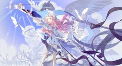  1girl absurdres arm_up bare_legs bird blue_eyes breasts chinese_commentary commentary_request commission detached_sleeves dove dress english_text facial_mark fantasy feet_out_of_frame floating_hair glowing hat highres holding holding_staff long_hair looking_to_the_side mark_under_eye original orro pink_hair puffy_sleeves shako_cap short_dress small_breasts solo staff teardrop_facial_mark watermark white_bird white_dress white_hat 