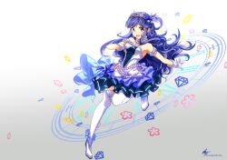  1girl arikanrobo asari_nanami blue_eyes blue_hair boots breasts commentary_request full_body gloves hair_rings highres idolmaster idolmaster_cinderella_girls long_hair looking_at_viewer open_mouth roman_numeral single_hair_ring skirt small_breasts smile solo starry_sky_bright_(idolmaster) thigh-highs tiara white_gloves white_thighhighs 