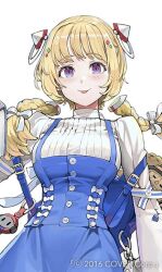  1girl :p aki_rosenthal alternate_costume alternate_hairstyle apple backpack bag basket blonde_hair blue_bag blue_dress blue_skirt blush book bow braid breasts buttons charm_(object) closed_mouth commentary company_name dress eyelashes food fruit hair_ornament hair_ribbon hand_up holding holding_book hololive jun_(navigavi) long_hair long_skirt long_sleeves looking_at_viewer medium_breasts naturally_detached_hair official_art ribbed_shirt ribbon rosen-tai shirt simple_background skirt smile solo standing standing_on_one_leg tongue tongue_out tress_ribbon turtleneck turtleneck_shirt twin_braids twintails upper_body violet_eyes virtual_youtuber watermark white_background white_bow white_shirt wide_sleeves 