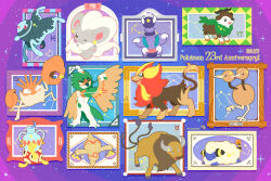  anniversary artist_logo baltoy cinccino closed_eyes closed_mouth constellation copyright_name decidueye doduo highres kingler logo lumineon mareep no_humans one_eye_closed open_mouth picture_frame pokemon pokemon_(creature) pokemon_focus purple_background pyroar samsung_(yuzuikka) shuckle skiddo skorupi sleeping smile sparkle star_(symbol) tauros vase weighing_scale zodiac 