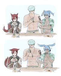  3boys animal_ears archon_mark blue_hair cat_boy cat_ears cat_tail censored commentary_request deep_blue_(ff14) eating elbowing facial_mark final_fantasy final_fantasy_xiv g'raha_tia hair_ornament hair_over_eyes hawaiian_shirt highres holding hyur jewelry korean_commentary looking_at_another male_focus miqo'te mosaic_censoring multiple_boys nachos neck_tattoo necklace open_clothes open_mouth open_shirt rabbit_boy rabbit_ears red_eyes red_hair red_hot_(ff14) scarf shirt short_hair simple_background smile square_jawline taco tail tattoo viera 