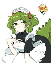  1girl absurdres baby_animal bird black_choker chick choker commentary crocodile_girl crocodilian_tail ear_piercing enmaided green_eyes green_hair hair_ribbon hand_up highres jushikuroni maid maid_headdress nitya_nil phase_connect piercing pout red_ribbon ribbon short_hair short_sleeves simple_background tail two_side_up virtual_youtuber white_background 