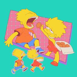  1boy 1girl bart_simpson blonde_hair blue_background blue_shorts book box brother_and_sister closed_eyes colored_skin commentary_request dress food highres holding holding_book holding_box holding_food jewelry kinako_(moment) lisa_simpson muffin necklace open_mouth orange_shirt pearl_necklace red_dress red_sandals sandals shirt shorts siblings strapless strapless_dress teeth the_simpsons tongue yellow_skin 