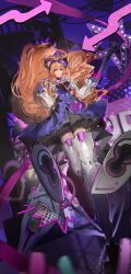  1girl absurdres arknights arknights:_endfield blue_bow blue_dress blue_gloves boots border bow breasts chinese_commentary commentary_request dress earrings frilled_dress frills full_body gloves hair_bow highres holding holding_microphone horns jewelry layered_dress liino_(arknights) long_hair long_sleeves looking_at_viewer mechanical_boots medium_breasts microphone partially_fingerless_gloves pointy_ears ponytail purple_tail rosie_shirousi shorts shrug_(clothing) smile solo sparkle_hair_ornament stage stage_lights star-shaped_pupils star_(symbol) symbol-shaped_pupils tail thigh_boots very_long_hair violet_eyes walking white_shrug 
