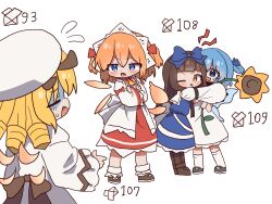  4girls :p ;p black_hair black_hat black_shoes blonde_hair blue_eyes blue_hair blunt_bangs commentary crossed_arms detached_wings dress fairy fang flower hat headdress highres hug korean_commentary long_hair looking_at_another luna_child magg_(user_mtca8588) multiple_girls one_eye_closed one_side_up open_mouth orange_hair shoes simple_background star_sapphire sunflower sunflower_fairy_(touhou) sunny_milk tongue tongue_out touhou touhou_22nd_popularity_poll two_side_up white_background white_dress white_hat white_shoes wings 