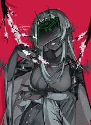  1girl absurdres black_haori black_kimono black_skin branch breasts cherry_blossoms colored_skin commentary covered_eyes facing_viewer green_nails grey_hair grey_sash haori haori_on_shoulders highres horns japanese_clothes kimono korean_commentary kuroyurihime_(munji412) large_breasts long_hair menpu munji412 original parted_lips red_background simple_background smile solo upper_body veil 