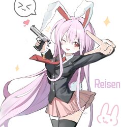  1girl absurdres animal_ears black_jacket black_thighhighs blazer blush breasts character_name chinese_commentary collared_shirt commentary_request cowboy_shot ehhoooa gun handgun highres holding holding_gun holding_weapon jacket long_sleeves looking_at_viewer medium_breasts necktie one_eye_closed open_mouth pink_skirt purple_hair rabbit_ears rabbit_girl rabbit_tail red_eyes red_necktie reisen_udongein_inaba shirt simple_background skirt smile solo spoken_expression tail thigh-highs touhou v weapon weapon_request white_background white_shirt 