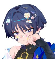  1boy armor armpit_crease bird_sticker black_bodysuit black_bridal_gauntlets black_hair blue_cape blunt_ends bodysuit bridal_gauntlets cape cat_face_sticker clenched_hand closed_mouth commentary_request covered_collarbone eyelashes eyeliner fingernails flower_sticker genshin_impact hair_intakes hand_up heart heart_sticker japanese_armor kote kurokote looking_at_viewer makeup male_focus mandarin_collar portrait rainbow_sticker red_eyeliner scaramouche_(cat)_(genshin_impact) scaramouche_(genshin_impact) single_bare_shoulder single_off_shoulder solo split_mouth sticker sweatdrop tsurime uuuulianglijing wanderer_(genshin_impact) white_background white_sleeves wispy_bangs wolf_cut 