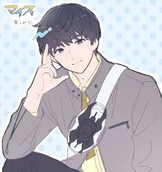  1boy animification black_eyes black_hair character_request check_copyright closed_mouth commentary_request copyright_request hand_up highres kamen_rider kamen_rider_zeztz_(series) layered_clothes long_sleeves looking_at_viewer necktie outline rider_belt short_hair smile tamu_(n_ntm7) translation_request white_outline 