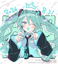  1girl aqua_eyes aqua_hair aqua_shirt black_necktie blue_eyes blush collared_shirt dated detached_sleeves four-finger_heart_hands hair_between_eyes hair_ornament hands_up hatsune_miku heart heart_hands heart_tongue ittokyu long_hair necktie one_eye_closed open_mouth shirt solo tie_clip twintails very_long_hair vocaloid watermark 