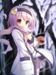  1girl absurdres akirame alternate_costume hand_in_pocket highres komeiji_satori leaning_back long_sleeves looking_at_viewer open_clothes open_coat pink_eyes pink_hair scarf scarf_over_mouth shirt skirt snow solo third_eye touhou tree 