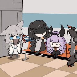 animated_gif arknights arknights:_endfield arrow_(projectile) crying endministrator_(arknights) female_endministrator_(arknights) headpat horns long_hair multiple_girls nepnepping perlica_(arknights) short_hair typhoeus_(arknights)