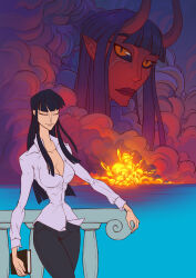  1girl absurdres black_hair black_pants blunt_bangs closed_eyes colored_skin commentary demon_girl demonio_fleur explosion fire highres horns long_hair multiple_views nico_robin ocean one_piece pants pointy_ears red_eyes red_skin user-f4617e2f35d8ecc6 