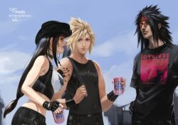  1girl 2boys alternate_costume artist_name bare_shoulders black_choker black_gloves black_hair black_hat black_nails black_shirt black_skirt black_tank_top black_vest blonde_hair blue_eyes blue_sky breasts can choker closed_mouth cloud_strife clouds cloudy_sky commentary cowboy_hat crop_top english_commentary felineonmars final_fantasy final_fantasy_vii final_fantasy_vii_rebirth final_fantasy_vii_remake fingerless_gloves from_side gloves goth_fashion hat headband holding holding_can large_breasts lips long_hair looking_at_another low-tied_long_hair motorhead multiple_boys my_bloody_valentine_(band) red-framed_eyewear red_eyes red_headband shirt short_hair signature skirt sky spiky_hair sunglasses tank_top tifa_lockhart twitter_username upper_body vest vincent_valentine white_tank_top wristband 