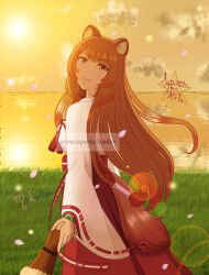  1girl animal_ear_fluff animal_ears armor blunt_bangs bracelet breasts brown_armor brown_hair closed_mouth clouds cloudy_sky commentary cowboy_shot english_commentary falling_petals fingerless_gauntlets from_behind fur-trimmed_armor fur_trim grass hair_tubes highres holding_hands iwatani_naofumi japanese_clothes jewelry kimono leather_armor light_particles long_hair long_sleeves looking_at_viewer looking_back malockser medium_breasts neck_tassel ocean official_alternate_costume orange_sky out_of_frame outdoors parted_bangs petals pink_petals pov pov_hands purple_hair raccoon_ears raccoon_girl raccoon_tail raphtalia red_ribbon ribbon ribbon-trimmed_sleeves ribbon_trim sky smile solo straight_hair sun sunrise swept_bangs tail tanuki tassel tate_no_yuusha_no_nariagari white_kimono wide_sleeves yellow_sky 