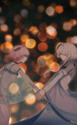  1boy 1girl absurdres blue_dress blurry bokeh closed_eyes commentary_request cowboy_shot crossdressing crossdressing_(mtf) depth_of_field dress green_eyes hair_over_one_eye highres jack_jeanne long_sleeves looking_at_another nagatsuki_303 oh_rama_havenna! one_eye_covered orange_background pink_hair pulling_arm shirota_mitsuki short_hair sleeveless sleeveless_dress tachibana_kisa trap white_dress white_hair 