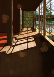  absurdres architecture clouds cloudy_sky east_asian_architecture highres illustnakayoshi indoors no_humans original scenery sky sliding_doors sun_glare sunlight tatami tree veranda warm_colors water window wooden_floor 