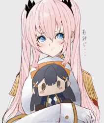  1girl altea_alessandrini artist_name assault_lily blue_eyes blush character_print closed_mouth commentary dated epaulettes gloves grey_background hair_between_eyes hair_ornament hand_up holding holding_pillow jacket long_bangs long_hair long_sleeves looking_at_viewer pillow pink_hair print_pillow sally_(allogkk) simple_background solo translated tsukioka_momiji twintails untranslatable_commentary upper_body white_gloves white_jacket 