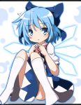  1girl blue_dress blue_eyes blue_hair bow cirno do_(4-rt) dress fingers_together hair_bow highres ice ice_wings letterboxed looking_at_viewer open_mouth puffy_sleeves shirt short_sleeves sitting solo tears touhou wings 