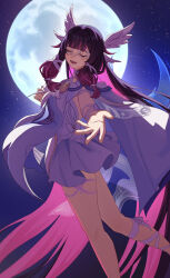  1girl bare_shoulders black_hair blunt_bangs closed_eyes columbina_(genshin_impact) commentary_request dress feathered_wings feet_out_of_frame genshin_impact gradient_hair hair_ribbon head_wings highres long_sidelocks moon multicolored_hair multiple_wings open_mouth pink_hair ribbon sidelocks smile upper_body white_dress white_ribbon wings xye_02 