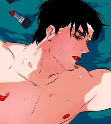  1boy birthmark black_hair emg_(christain) jojo_no_kimyou_na_bouken jonathan_joestar lipstick lipstick_mark lipstick_tube lying makeup muscle nipples on_back shirtless solo sweat 