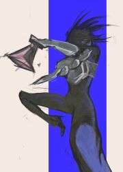  1other armor black_bodysuit black_hair black_unitard blue_skin bodysuit boots colored_skin commentary covered_face delta_rune_print deltarune dynamic_pose english_commentary fighting_stance gauntlets high_heel_boots high_heels highres holding holding_sword holding_weapon kris_(dark_world)_(deltarune) kris_(deltarune) odilodet other_focus red_eyes short_hair simple_background striped_background sword unitard utdr_(toby_fox) weapon 