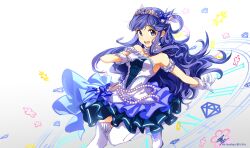  1girl arikanrobo asari_nanami blue_eyes blue_hair boots breasts commentary_request gloves hair_rings highres idolmaster idolmaster_cinderella_girls long_hair looking_at_viewer open_mouth roman_numeral single_hair_ring skirt small_breasts smile solo starry_sky_bright_(idolmaster) thigh-highs tiara white_gloves white_thighhighs 