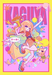  :d animal animal_ears arms_up blonde_hair border bright_pupils chinese_commentary cho_kaguya-hime! commentary_request commission crescent crescent_hair_ornament dog floppy_ears full_body hair_ornament highres holding holding_megaphone inudoge japanese_clothes kaguya_(cho_kaguya-hime!) kaguya_(tsukuyomi)_(cho_kaguya-hime!) kimono long_hair lop_rabbit_ears low-tied_long_hair megaphone open_mouth pink_background pink_shoes pspoin rabbit_ears rabbit_girl red_kimono shoes smile socks speech_bubble standing standing_on_one_leg v white_pupils white_socks yellow_border 