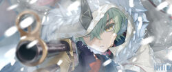  1boy aiming aiming_at_viewer alyosha_(genshin_impact) artist_name barcode black_gloves blue_jacket cape commentary_request day earmuffs eyelashes eyes_visible_through_hair freckles fur-trimmed_cape fur_trim genshin_impact gloves green_hair grey_cape gun hair_between_eyes hands_up highres holding holding_gun holding_weapon hood hooded_cape jacket long_sleeves looking_at_viewer male_focus mojuke outdoors rifle short_hair sniper_rifle snowing solo teeth upper_body watermark weapon winter yellow_eyes 