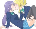  2girls ayase_eli blazer blonde_hair blush bow closed_eyes kiss long_hair love_live!_school_idol_project multiple_girls ponytail purple_hair shiratamama skirt thighhighs toujou_nozomi yuri zettai_ryouiki 