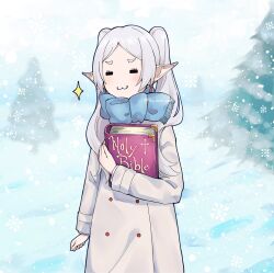  1girl :3 =_= an_dres_art bible_(object) blue_scarf book closed_eyes coat commentary earrings elf english_commentary frieren grey_coat highres holding holding_book jewelry long_hair long_sleeves pointy_ears scarf smile snow snowing solo sousou_no_frieren sparkle teardrop_earrings twintails winter winter_clothes winter_coat 