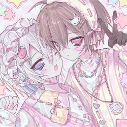  2boys :o ahoge bead_necklace beads black_gloves blue_eyes blush_stickers bow brown_hair buttons cat_hair_ornament cheek-to-cheek crossed_bangs dutch_angle fang food-themed_hair_ornament frilled_hairband frills girly_boy gloves hair_between_eyes hair_intakes hair_ornament hairband hairclip hand_up heads_together heart highres jacket jewelry juju_(ccllrr) long_sleeves male_focus mole mole_on_neck mole_under_each_eye mole_under_eye multiple_boys multiple_moles necklace one_eye_closed original pastel_colors patchwork_clothes pink_background pink_bow pink_shirt portrait red_eyes shirt short_hair sleeves_past_wrists star_(symbol) strawberry_hair_ornament tamagotchi tamagotchi_plus v very_short_hair virtual_pet_(toy) white_hair white_hairband white_shirt yellow_jacket yume_kawaii 