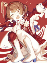  absurdres boots brown_hair closed_eyes commentary_request fingerless_gloves frills gakuen_idolmaster gloves hanami_ume high_heel_boots high_heels highres idol idolmaster knees_to_chest open_mouth sajililli scarf short_twintails sleeve_cuffs squatting twintails 