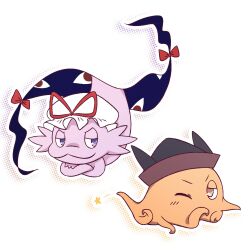  animalization axolotl commentary_request crossed_arms fukodesu full_body gap_(touhou) hat hat_ribbon highres matara_okina no_humans octopus one_eye_closed red_ribbon ribbon simple_background touhou v-shaped_eyebrows violet_eyes white_background white_hat yakumo_yukari yakumo_yukari_(axolotl) 