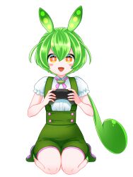  1girl :d absurdres blush_stickers bright_pupils controller double-parted_bangs edomura_niniko full_body game_controller green_hair green_shoes green_shorts hair_between_eyes highres holding holding_controller holding_game_controller long_hair looking_at_viewer low_ponytail neck_ribbon official_art open_mouth orange_eyes pink_ribbon playing_games playing_video_games ponytail ribbon shirt shoes short_sleeves shorts simple_background sitting smile solo suspenders transparent_background voicevox white_pupils white_shirt zundamon 