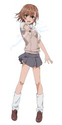  1girl :d aiming aiming_at_viewer arm_up artist_request breasts brown_eyes brown_hair brown_shoes brown_sweater_vest coin collared_shirt electricity electrokinesis emblem floating_hair flower flower_hairclip full_body grey_skirt hair_ornament hairclip hand_up highres holding holding_coin kneehighs looking_at_viewer loose_socks medium_hair miniskirt misaka_mikoto official_art open_mouth pleated_skirt railgun_(misaka_mikoto) school_emblem school_uniform second-party_source shirt shoes short_shorts short_sleeves shorts shorts_under_skirt simple_background skirt small_breasts smile socks solo standing summer_uniform sweater_vest tachi-e teeth toaru_kagaku_no_railgun toaru_majutsu_no_index tokiwadai_school_uniform transparent_background upper_teeth_only v-neck white_flower white_shirt white_shorts white_socks wind wind_lift 