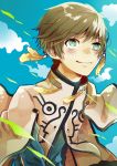  1boy blue_background brown_hair capelet clouds earrings feathers green_eyes jewelry male sky slay_(tales) smile solo tales_of_(series) tales_of_zestiria vasimoneta 