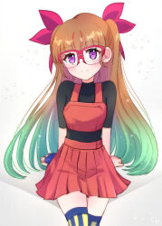  1girl aqua_hair black_shirt blue_gloves blue_thighhighs blush bow brown_hair closed_mouth commentary_request cropped_shirt fingerless_gloves glasses gloves gradient_hair hair_bow highres long_hair multicolored_hair ohdo_yuamu red-framed_eyewear red_bow red_shirt red_skirt red_streaks s_ebi shirt single_glove skirt smile solo streaked_hair thigh-highs two-tone_hair very_long_hair violet_eyes yu-gi-oh! yu-gi-oh!_go_rush!! 