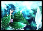  1girl absurdres aqua_eyes blue_hair drill_hair head_fins highres ichinose_rom japanese_clothes kimono mermaid monster_girl obi open_mouth smile touhou underwater wakasagihime 
