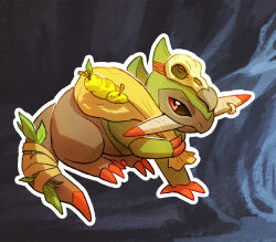  animal_skull berry_(pokemon) black_sclera calonarang claws clothed_pokemon colored_sclera colored_skin fraxure green_skin grey_skin holding holding_sack leaf looking_at_viewer multicolored_skin no_humans outline pokemon pokemon_(creature) red_eyes sack skull_on_head solo tail two-tone_skin white_outline 