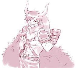  1boy abs caydeus clenched_hand commentary cowboy_shot fake_horns gloves hand_on_own_hip horns male_focus monkey_d._luffy monochrome o-ring one_piece scar scar_on_face short_hair shoulder_pads simple_background solo 