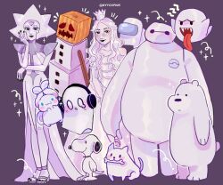 2girls 3others 4boys absurdres among_us annoying_dog artist_name baymax beagle bear big_hero_6 blush bone_in_mouth boo_(mario) character_request cinnamoroll color_connection copyright_request crewmate_(among_us) crossover dog fuwa_fuwa_cinnamoroll gem_(steven_universe) ghost grey_background headphones highres ice_bear_(we_bare_bears) minecraft multiple_crossover myyoupink napstablook peanuts_(comic) polar_bear pumpkin sanrio simple_background snoopy snow_golem_(minecraft) steven_universe super_mario_bros. undertale utdr_(toby_fox) we_bare_bears white_(among_us) white_diamond_(steven_universe) white_theme