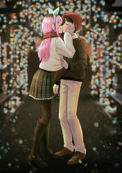  1boy 1girl absurdres alternate_costume aubrey_(faraway)_(omori) aubrey_(omori) beanie black_boots black_hair black_pantyhose blue_hairband blurry blurry_background boots brown_jacket closed_eyes commentary_request dendenmushi1064 green_skirt hairband hand_on_another's_cheek hand_on_another's_face hat hetero high_heel_boots high_heels highres jacket kiss knee_boots long_hair omori pantyhose pink_hair pleated_skirt red_hat red_scarf scarf sidelocks skirt sunny_(omori) white_jacket 