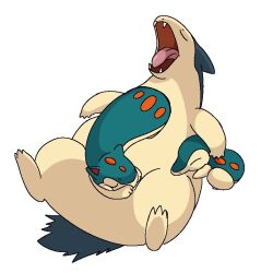  closed_eyes cyndaquil green_fur no_humans nose_poke000 open_mouth pokemon pokemon_(creature) pokemon_focus quilava sleeping tongue typhlosion white_background 