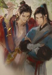  2boys all_wishes_come_true! arm_around_shoulder arm_wrap artist_name black_hair black_sash blue_hanfu blue_trim brown_eyes chinese_clothes closed_mouth coat crossed_arms facial_hair faux_traditional_media hair_bun hair_pulled_back hair_ribbon half_updo hand_fan hand_up hanfu highres holding holding_fan jewelry leaf leaf_fan long_hair long_sleeves looking_at_viewer lv_dongbin_(all_wishes_come_true!) male_focus multiple_boys mustache_stubble necklace one_eye_closed open_clothes open_coat orange_sash painterly pectoral_cleavage pectorals ponytail red_coat red_ribbon red_sash ribbon robe sash shoulder_strap single_hair_bun sketch smile sparkle standing stubble watercolor_effect white_hanfu wide_sleeves yellow_sash youke_yan zhongli_quan_(all_wishes_come_true!) 