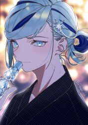  1boy absurdres akage_club alternate_costume beads black_kimono blue_eyes blue_hair blurry blurry_background bottle closed_mouth commentary_request eyelashes grusha_(pokemon) hair_ornament hand_up highres holding holding_bottle japanese_clothes kimono male_focus pokemon pokemon_scarlet_and_violet smile solo twitter_username upper_body 