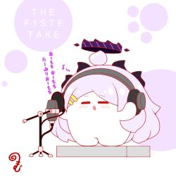  ahoge blue_archive blush chestnut_mouth closed_eyes eighth_note grey_hair hair_ornament hairclip halo headphones highres hina_(blue_archive) horns kurukurumagical microphone musical_note parted_bangs parted_lips solo standing the_first_take translation_request white_background 