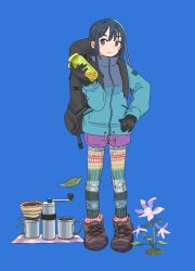  1girl :3 absurdres backpack bag black_bag black_eyes black_gloves black_hair blue_background blue_jacket bottle brown_shoes camping closed_mouth coffee coffee_grinder commentary cup english_commentary falling_leaves flower gloves hair_between_eyes hand_up highres holding holding_bottle invisible_floor jacket leaf looking_at_viewer mug multicolored_jacket multicolored_pantyhose original pantyhose pink_socks purple_shorts shoes shorts sidelocks simple_background smile socks solo standing takaichi_(tkch) two-tone_jacket 